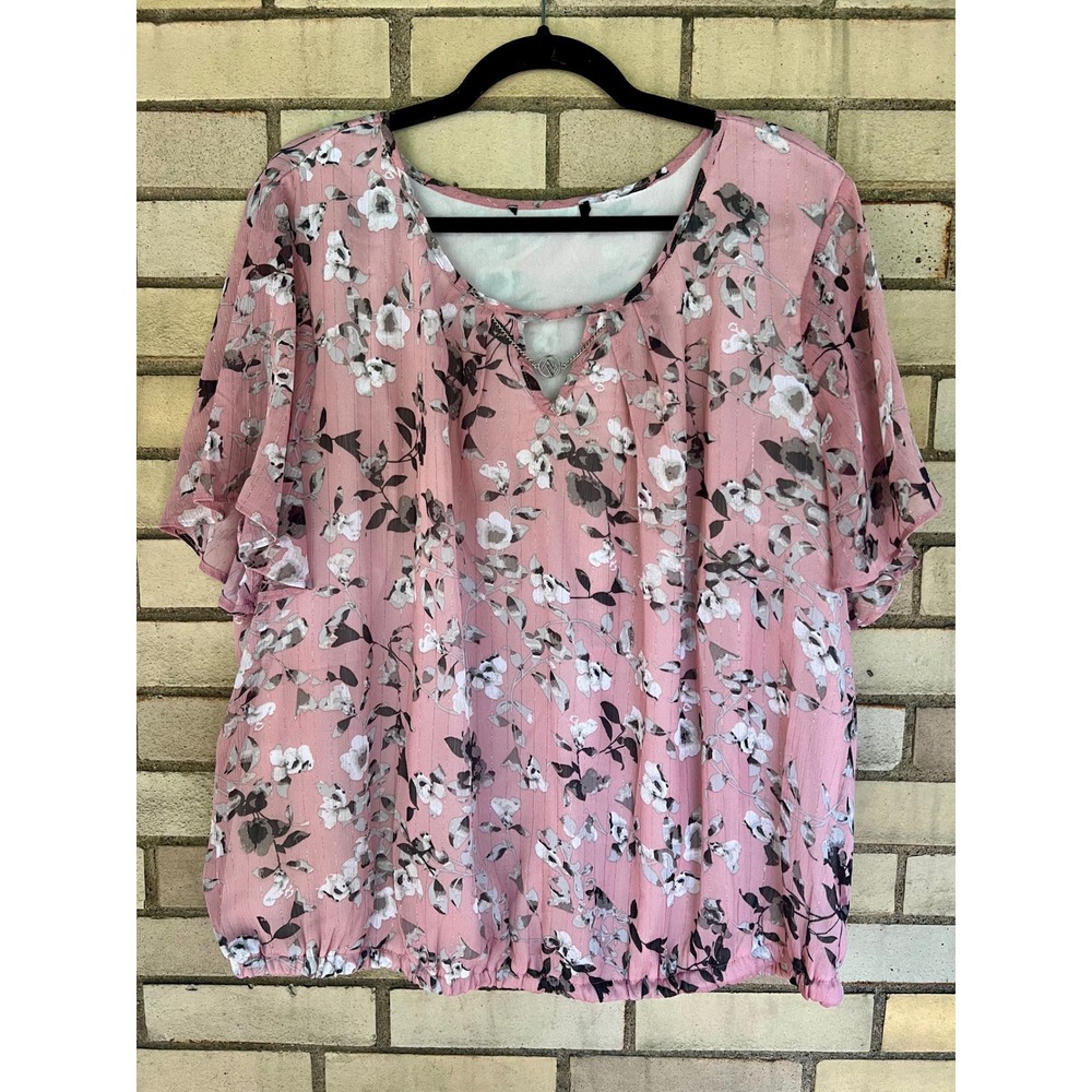 Adrienne Vitadini Pink Floral Keyhole Blouse 3X Metallic Stripe Flutter Sleeve